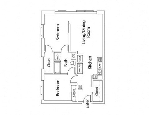 Floor plan for 2 beds, 1 bath, 902 sqft